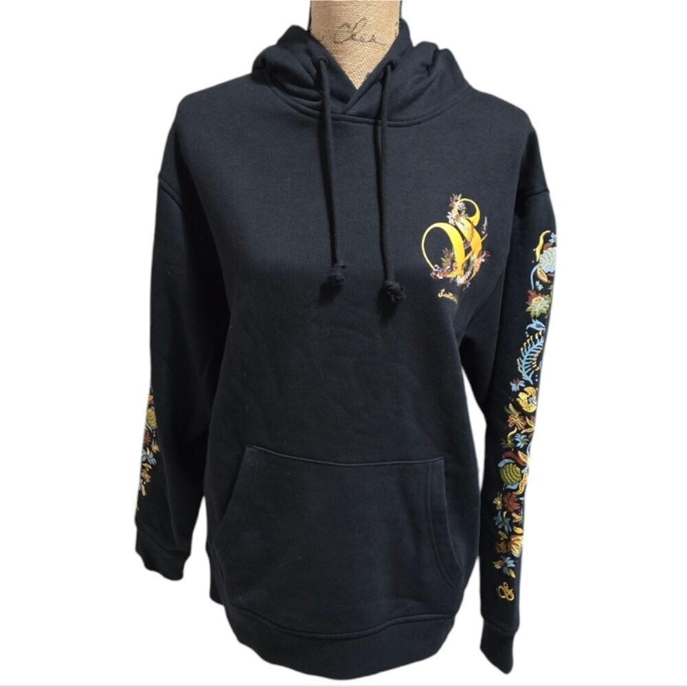SCOTCH & SODA Men's Black Hoodie with Floral Embroidered Sleeve Design New Small